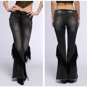 CURRENT MOOD x DOLLS KILL Rodeo Fringe Low Rise Flare Jeans Sz S {S23}